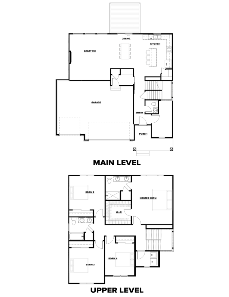 Black and white floor plan showing rooms, doors, windows, and furniture on two levels of a house.