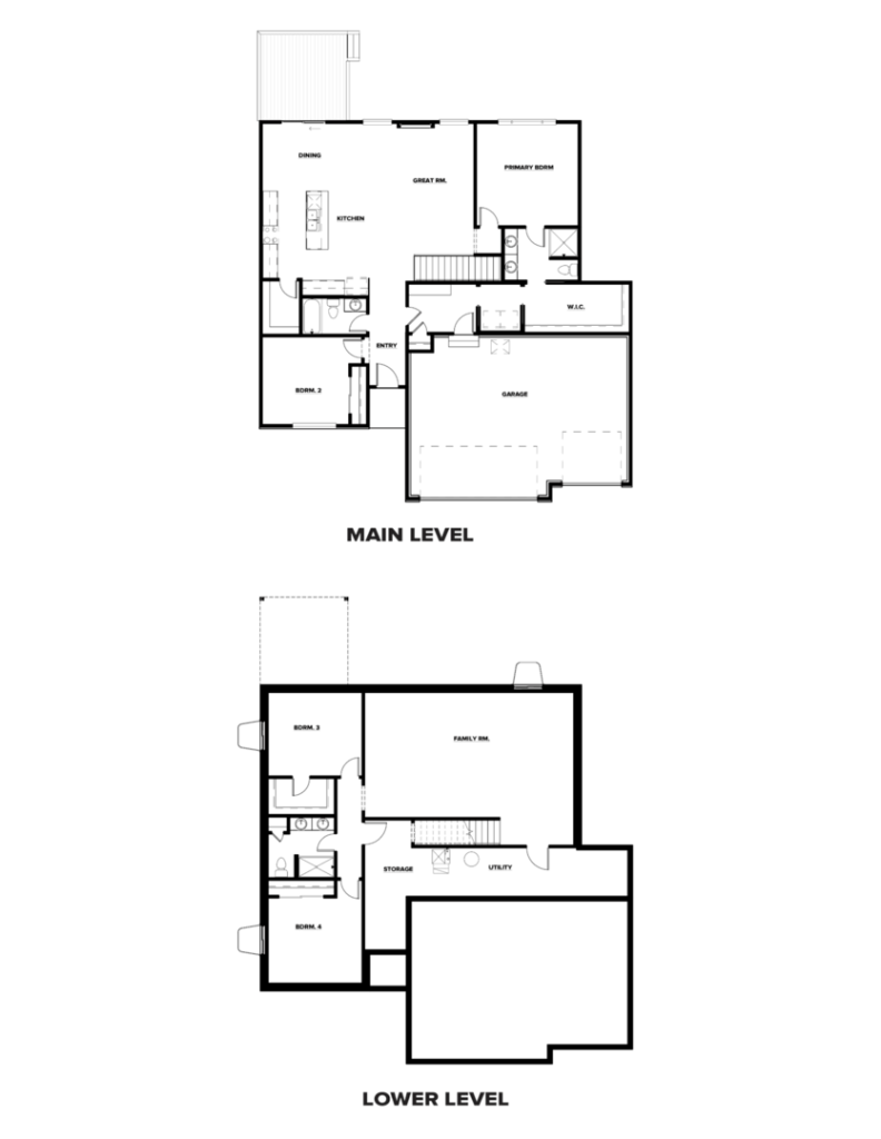 Black and white floor plan diagram showing two levels labeled "Main Level" and "Lower Level." The main level includes rooms like the primary room, kitchen, dining, and garage. The lower level includes family, storage, utility rooms, and bathrooms.