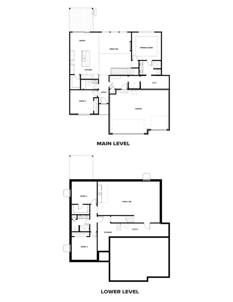 Floor plan showing two levels. The main level includes a garage, kitchen, dining, living area, pantry, and porch. The lower level features a utility room, storage, two bedrooms, and a bathroom. Stairs connect both levels.
