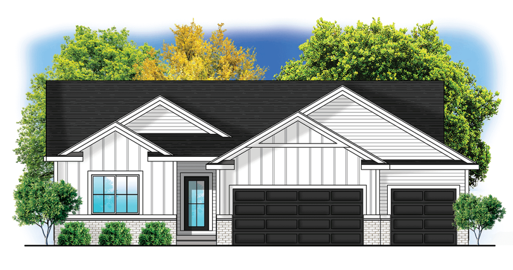 A front view of a modern, single-story house with white siding and black roofing. The house features a covered front porch and a three-car garage with black doors. Green shrubs and two large trees are situated on either side of the house, set against a blue sky background.