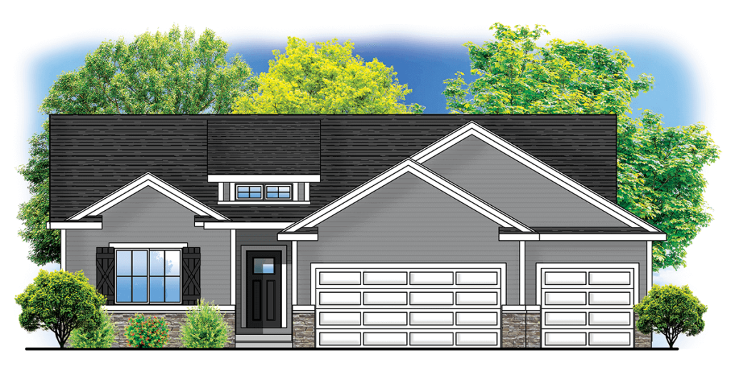 Illustration of a suburban house with a gray exterior, black roof, and white trim. It has two garage doors on the right, a front porch with steps, and a black front door with windows above. Green bushes and trees surround the house with a bright blue sky in the background.