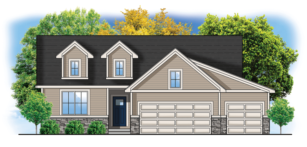 Illustration of a modern two-story house featuring a gabled roof, beige siding, and stone accents. The house has large windows and a blue front door. A spacious, dual-car garage is on the right, and green trees are in the background.