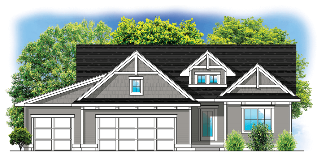 Front view of a modern gray house with gabled roof, three-car garage, and green trees in the background.