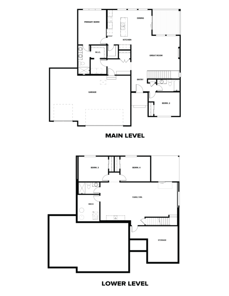 A black and white floor plan displaying the main and lower levels of a house. The main level includes a primary bedroom, a kitchen, a great room, a dining area, a pantry, and a garage. The lower level has additional rooms, a family room, and storage areas.