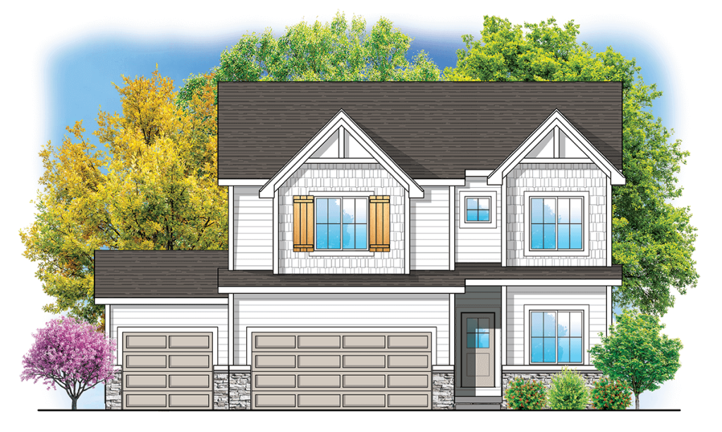 Illustration of a two-story house with a three-car garage. The exterior is white with gray accents, featuring double front-facing gables, a mix of horizontal and shingle siding, and a covered front porch. Trees in full foliage surround the house.