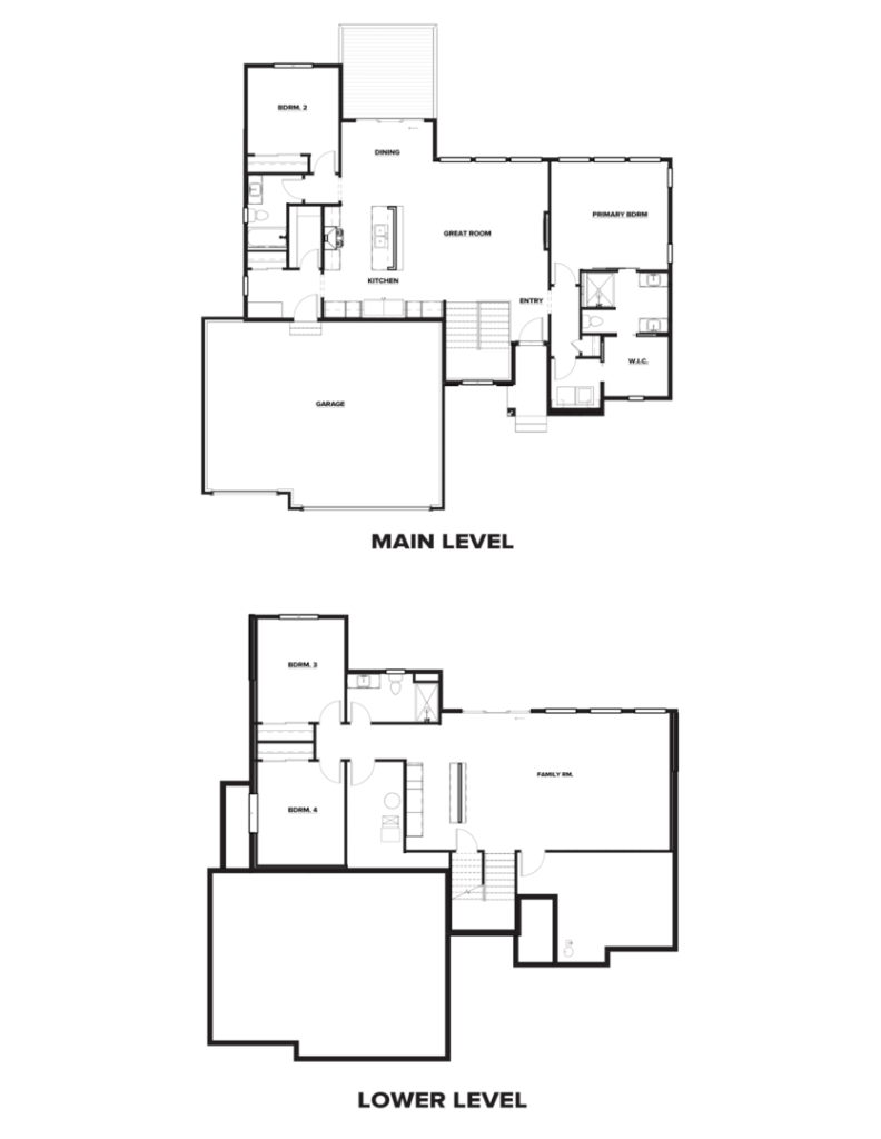 A two-level floor plan layout. The main level includes a kitchen, great room, primary bedroom with ensuite bathroom, office, and a two-car garage. The lower level features three bedrooms, a bathroom, family room, and another area opposite the lower garage.