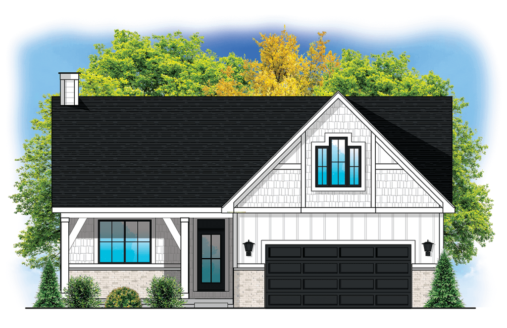 Illustration of a cozy single-story house with a gabled roof and a large front dormer. The exterior is white with black trim, including a black double garage door and front door. Surrounding the house are lush trees with green and yellow foliage.
