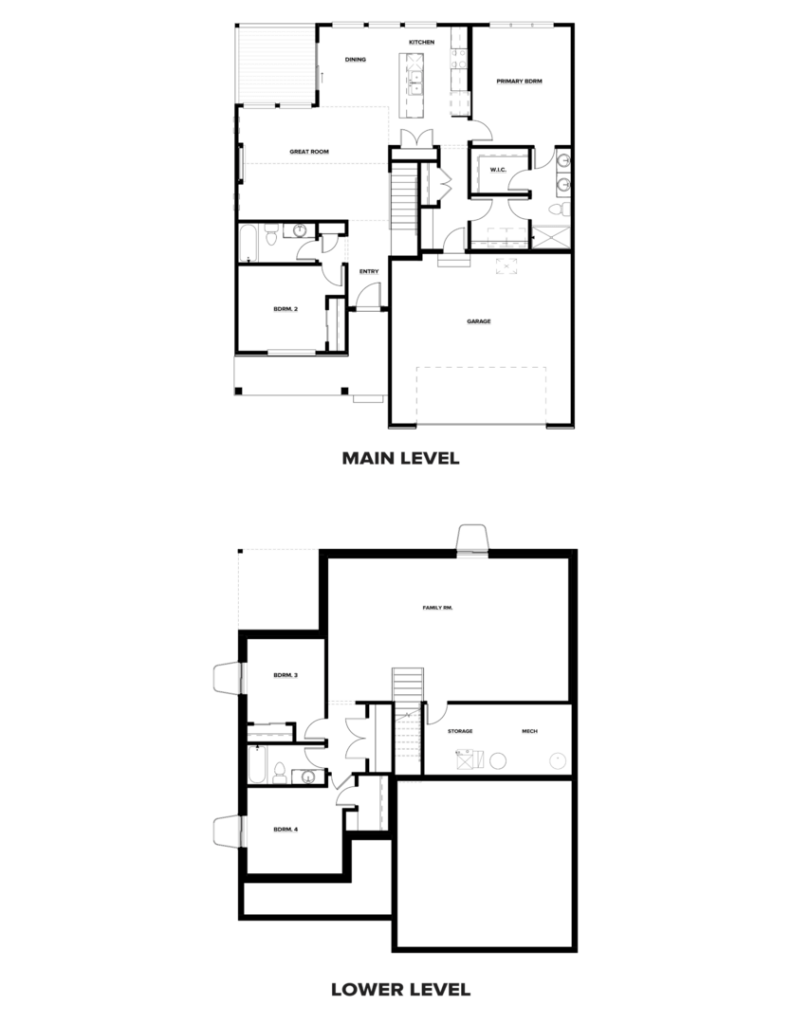 The image features the floor plans for two levels of a house. The main level includes a garage, porch, great room, kitchen, dining area, pantry, laundry room, and three bedrooms. The lower level includes a large family room, two bedrooms, a bath, and utility areas.