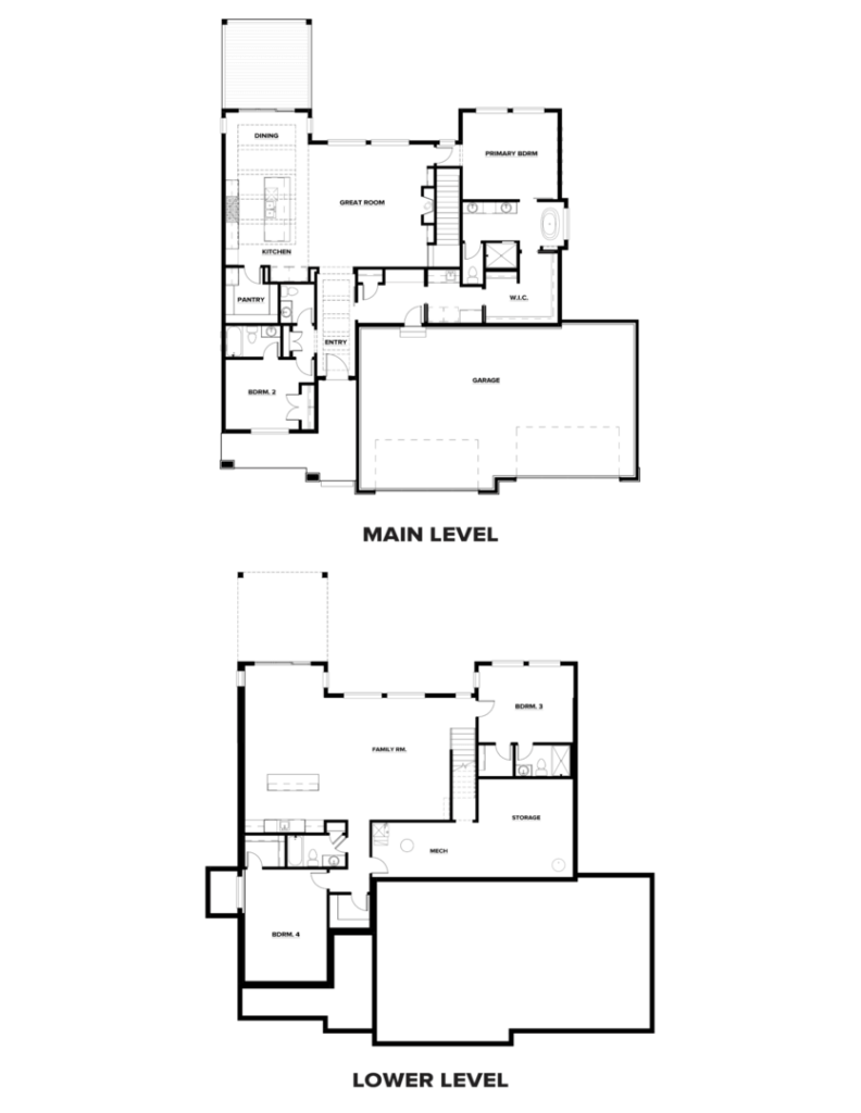A black-and-white architectural floor plan of a two-story house. The main level includes a kitchen, great room, pantry, primary bedroom, bathroom, closet, and garage. The lower level features a family room, two bedrooms, a bathroom, a mech. room, and storage areas.