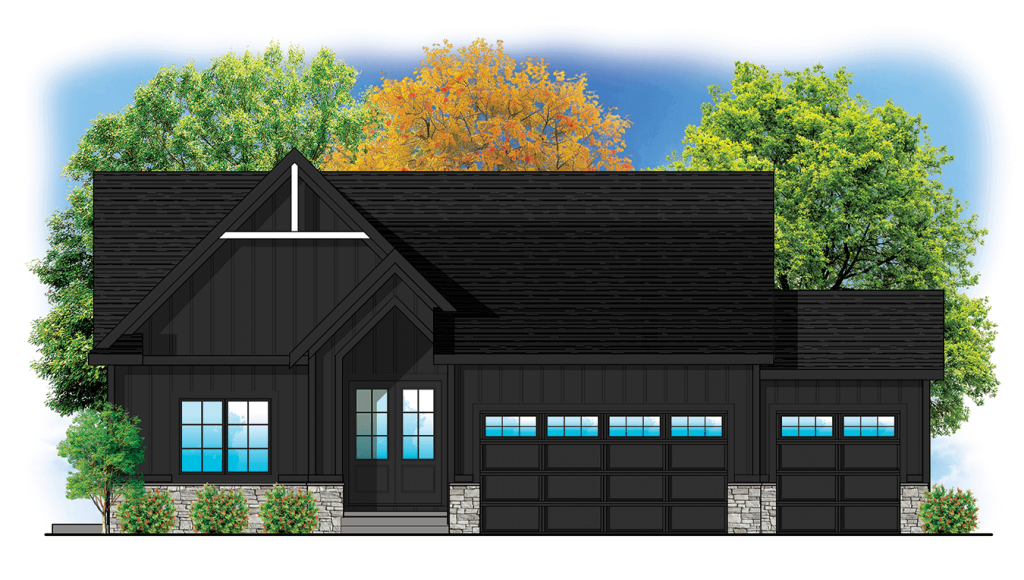 Modern black house with large windows, stone accents, and a three-car garage, framed by leafy green trees.