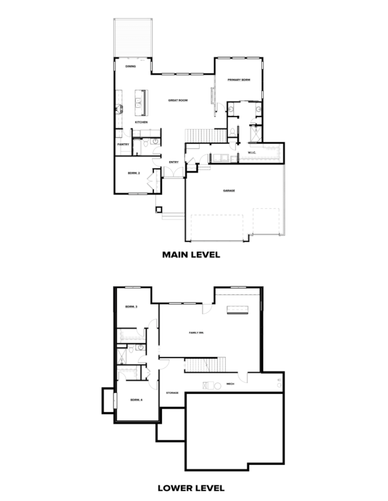 A blueprint of a two-level house featuring a main level with a deck, great room, kitchen, dining area, pantry, primary bath, and garage. The lower level includes a family room, two bedrooms, a bathroom, a media room, and extra storage space. Labels indicate room names.