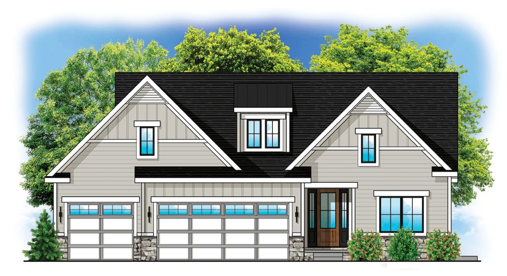 Illustration of a modern suburban house with a three-car garage, gabled roof, and trees in the background.