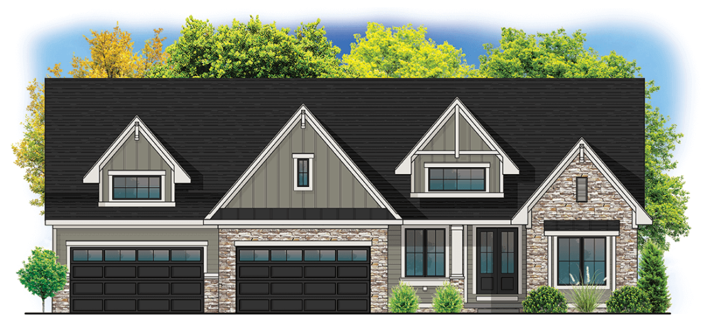 Illustration of a modern house with a black roof, stone facade, and three front-facing gables. It has two garages and large windows. Lush green trees surround the house against a blue sky.