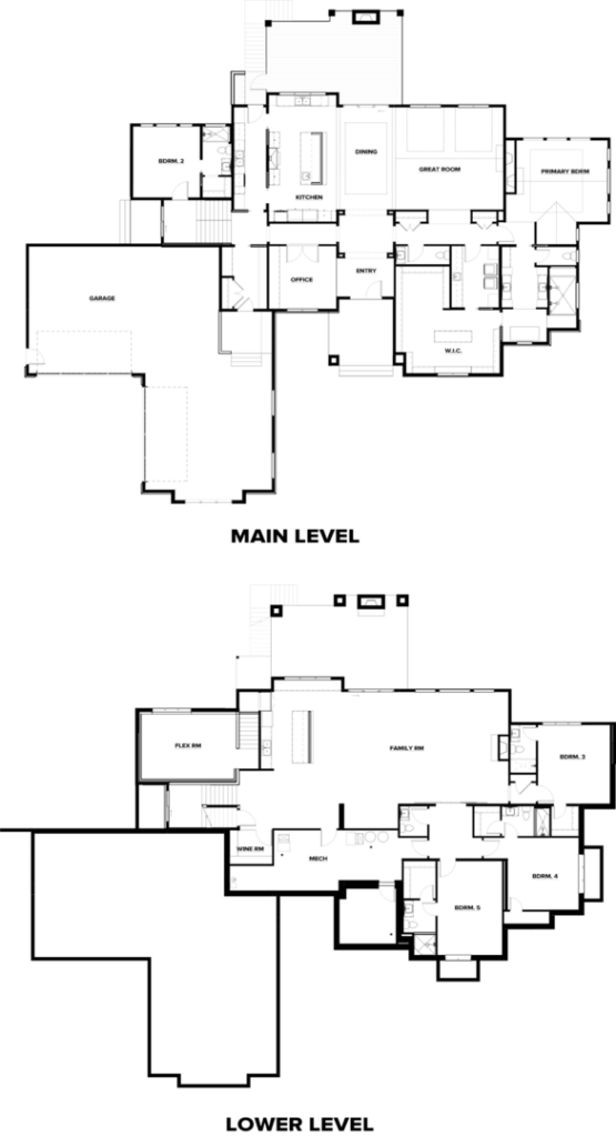 Floor plan showing two levels. The main level includes a garage, kitchen, dining, great room, primary bedroom, and office. The lower level features a family room, flex area, two bedrooms, two bathrooms, and a media room.