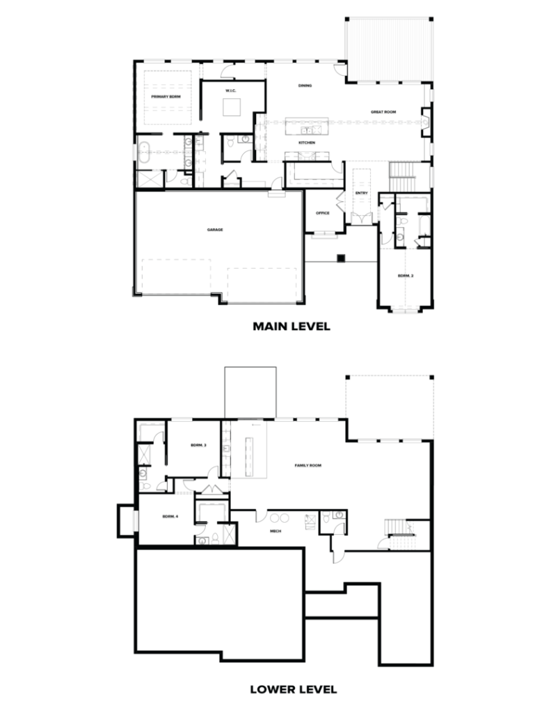 Floor plan with two levels. The main level includes a kitchen, dining area, great room, bedrooms, and garage. The lower level features a family room, additional bedrooms, and utility spaces. Both levels have stair access and multiple rooms.