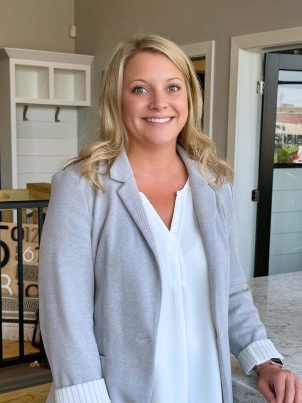 A woman with long blonde hair wearing a light gray blazer and white blouse stands indoors, smiling. She is near a marble countertop, and behind her are shelves and a black door, creating a professional office setting.