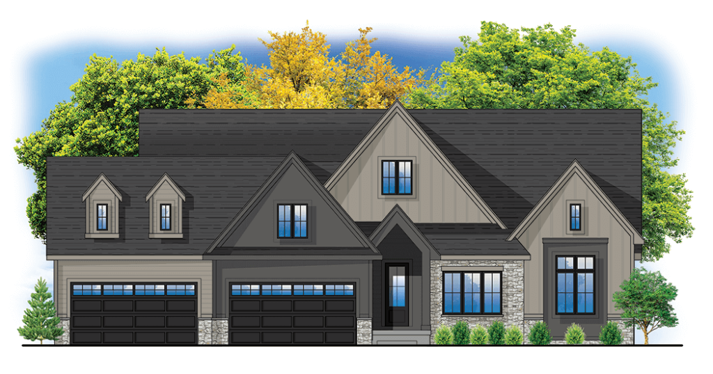 Illustration of a modern suburban house with a dark roof, large windows, and trees in the background.