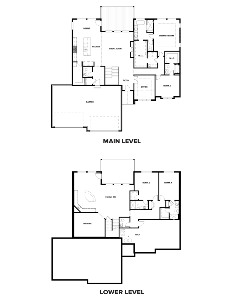 Black and white floor plan with labeled main and lower levels, showing rooms, garage, and theater.