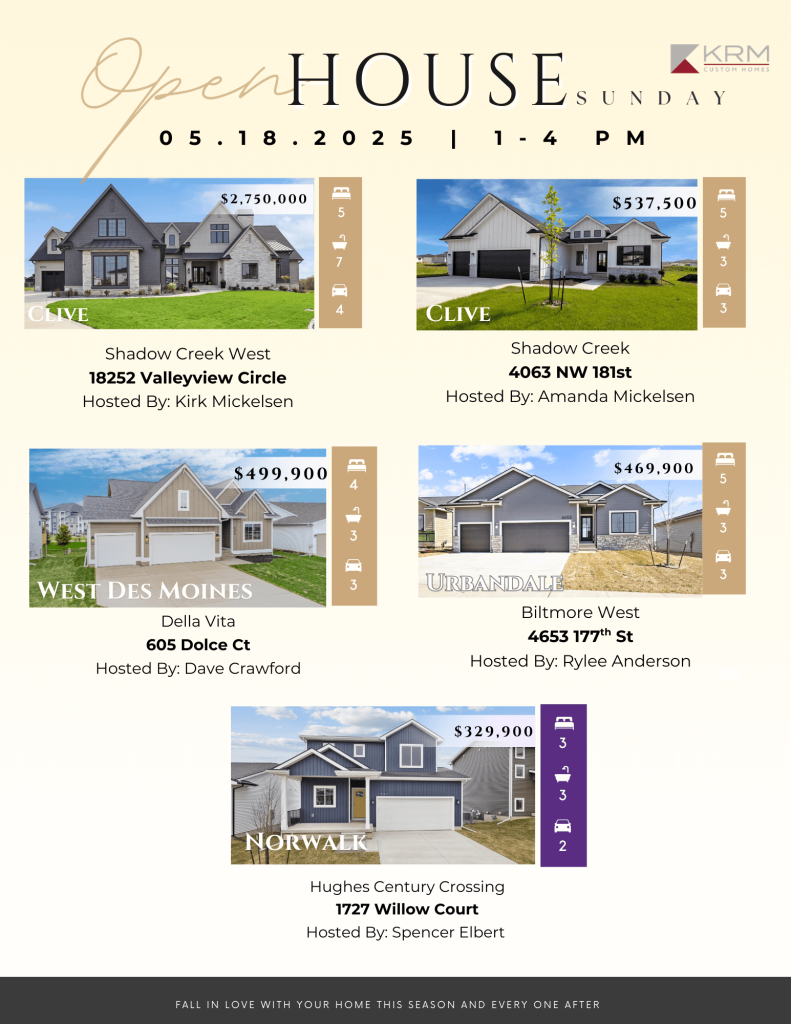 Open house flyer showing five homes for sale with photos, details, prices, and hosting agents’ names.